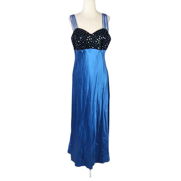 Vintage 90s All That Jazz Blue Satin Velvet Long Maxi Prom Evening Dress M - Picture 1 of 5